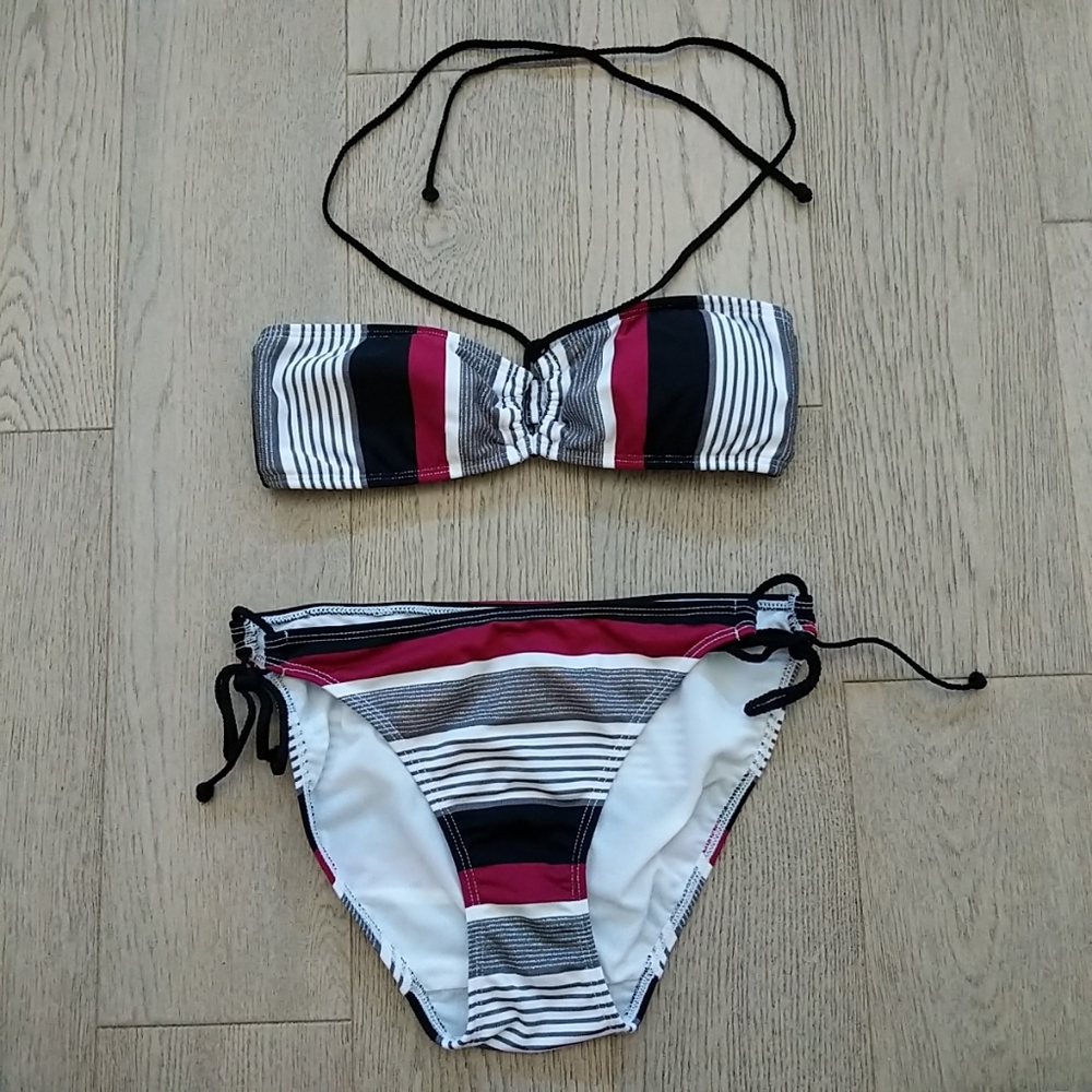 American Eagle Pink Black White Bandeau Swim Top Bikini Bottoms Swimsuit Set
